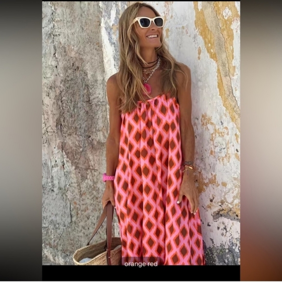 BOHEMIAN RED & PINK ARGYLE PRINT MAXI DRESS NWT - Picture 4 of 13